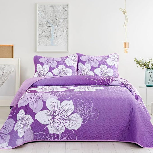DJY Purple Floral Queen Quilt Set 3 Pieces Botanical Pattern Bedspread Summer Gradient Bedding Quilt Set with 2 Pillow Shams Soft Boho Microfiber Coverlet Set for All Season 90''x96''