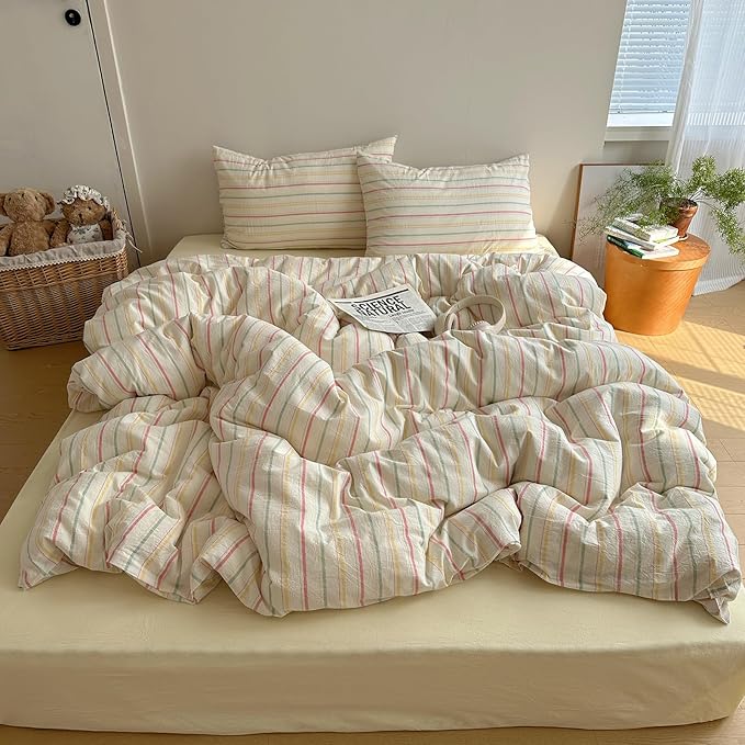 EAVD Vintage Colorful Striped Comforter Set King Soft Cotton 3-Piece Retro Vertical Striped Bedding Set with 2 Pillowcases Boho Geometric Comforter Set for All-Season(Pink&Yellow&Blue, King)