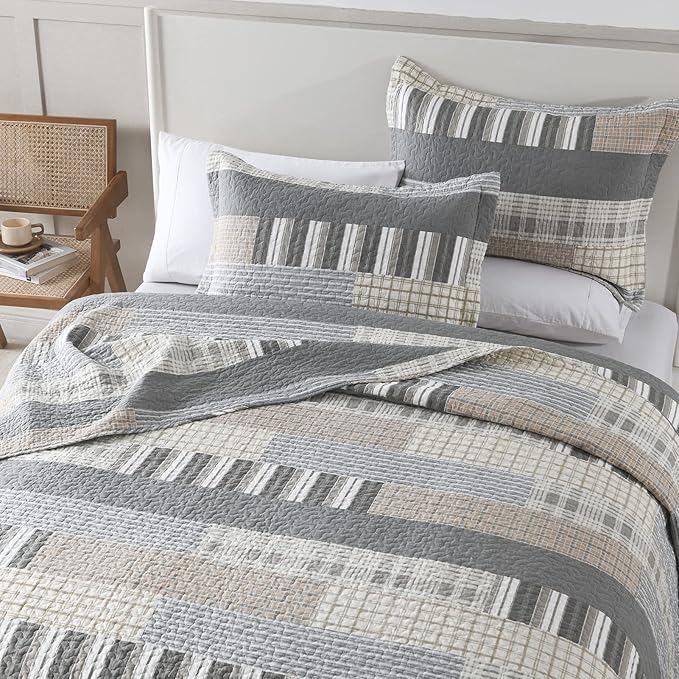 PANGUSHAN Quilt Set Queen Size, 100% Cotton Quilt Bedding Set Bedspreads, Patchwork Plaid Farmhouse Reversible Lightweight Comforter Bed Spread for Queen Bed, Gray/Brown, 3 Pieces