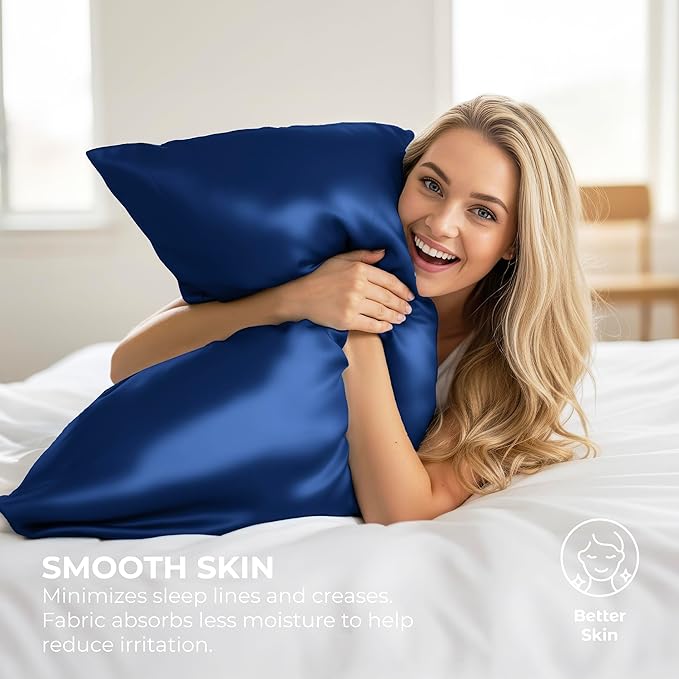 Pure Bedding Satin Pillowcase 2 Pack - Queen Size (20"x30", Navy) - Silky Pillow Cases for Hair and Skin - Satin Pillow Covers with Envelope Closure - Extra Soft Premium Microfiber