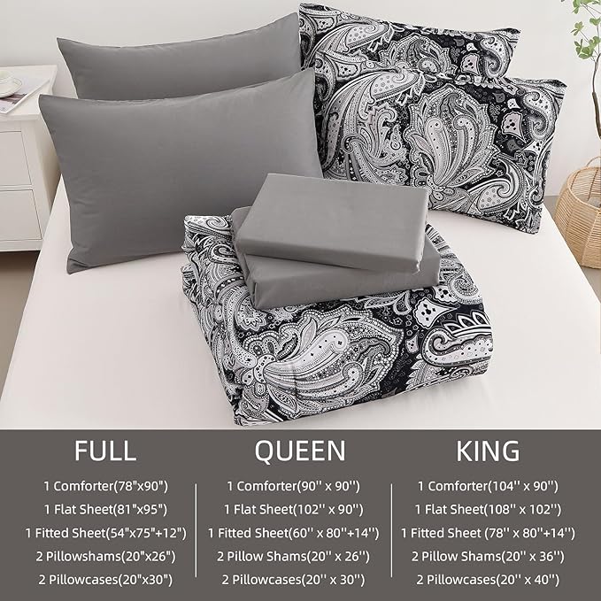 Black Paisley Comforter Set California King Size, 7 Piece Bed in a Bag Black Gray Boho Paisley Pattern Comforter Set, Soft Lightweight Microfiber Reversible Bedding Set for All Season (106''x96'')