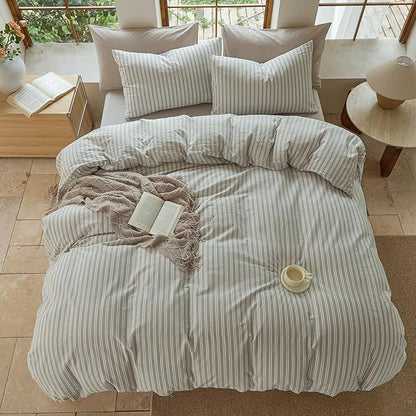 Striped Duvet Cover Set,100% Washed Cotton Linen Like Bedding Set,Breathable,Durable,Comfy(Strip-Tannish Linen Grey/White,Queen)