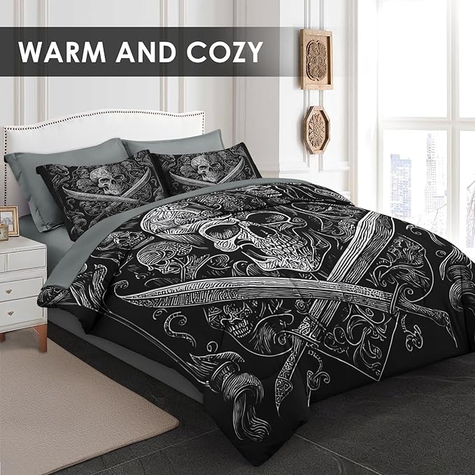 Comforter Set Full Size, Gothic World 7 Pcs Bedding for Adults, Vintage Retro Skeleton Bed Sheet Sets with Fitted Sheet 2 Pillowcases & 2 Shams for Bedroom Bed Decor