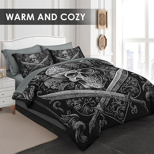 Comforter Set Full Size, Gothic World 7 Pcs Bedding for Adults, Vintage Retro Skeleton Bed Sheet Sets with Fitted Sheet 2 Pillowcases & 2 Shams for Bedroom Bed Decor