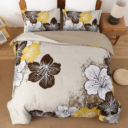 Menghomeus Brown Floral Comforter Set Queen Ombre Brown Bedding Lightweight Microfiber Bed Comforter for All Season, 3 Piece Flowers Comforter with 2 Pillowcases