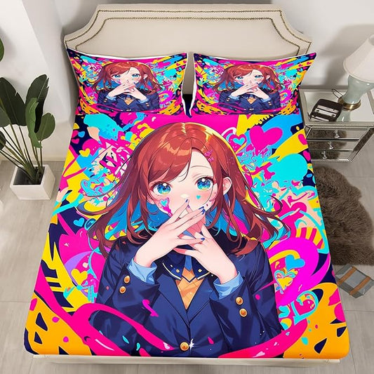Erosebridal Anime Girl Twin Bed Sheets, Japanese Anime Bedding Set 2 Piece for Kids Girls Teens Adult Bedroom Decor, Cartoon Girl Fitted Sheet Kawaii Japanese Animation Sheets