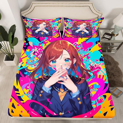 Erosebridal Anime Girl Full Bed Sheets, Japanese Anime Bedding Set 3 Piece for Kids Girls Teens Adult Bedroom Decor, Cartoon Girl Fitted Sheet Kawaii Japanese Animation Sheets