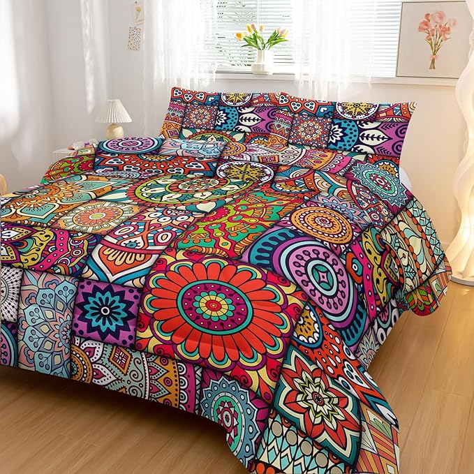 Colorful Bohemian Comforter Sets Twin Size,Geometry Bohemia Bedding Set for Your Room,Abstract Soft Lightweight Quilted Set All Season,1 Comforter and 2 Pillowcases