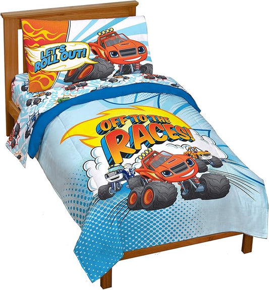 Jay Franco Blaze and The Monster Machines Off to The Races 4 Piece Toddler Size Bed Set – Super Soft Microfiber Bed Set Includes Size Comforter & Sheet Set (Official Blaze Product)