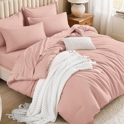 Litanika Comforter Queen Size Set Blush Pink - 7 Pieces Bed in a Bag Queen Bedding Comforter Sets, Plain Lightweight Bed Set with Comforter, Sheets, Pillowcases & Shams