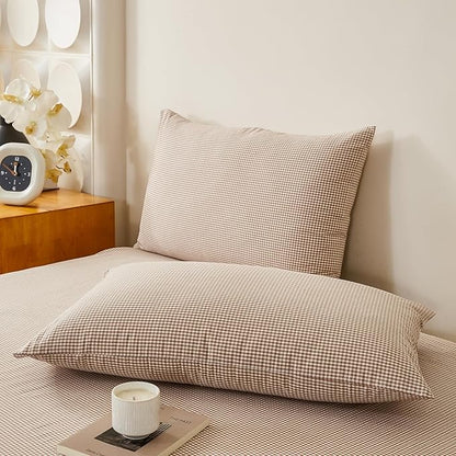 EAVD Tan Plaid Gingham Duvet Cover Twin Soft 100% Washed Cotton Reversible Tan and White Plaid Duvet Cover with 2 Pillowcases Farmhouse Ginggham Bedding Set with Zipper Closure
