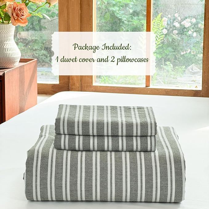 Striped Duvet Cover Set 100% Washed Cotton Linen Like Soft Feelling Breathable Bedding(Olive Green/White Strip,Twin)