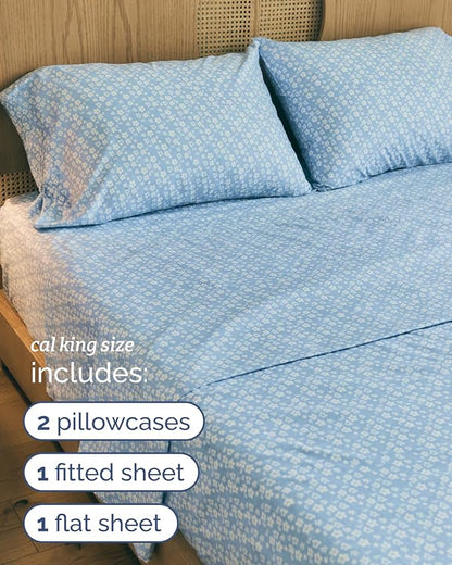 Floral Sheets - Blue Floral Bed Sheet Set - 1 Flat, 1 Fitted & 2 Pillowcases w/ Deep Pockets - Comfy, Wrinkle & Fade Free - Boho Botanical Bedding - Soft, Breathable and Cooling - Cal King Size Set