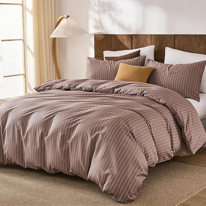 Merryword 100% Cotton Duvet Cover Set Queen Size, Brown Pinstripe Bedding Set with 2 Pillowcases, Soft Breathable Comforter Cover, Natural Cotton Linen Like Bedding Set for Cozy Home Bedroom