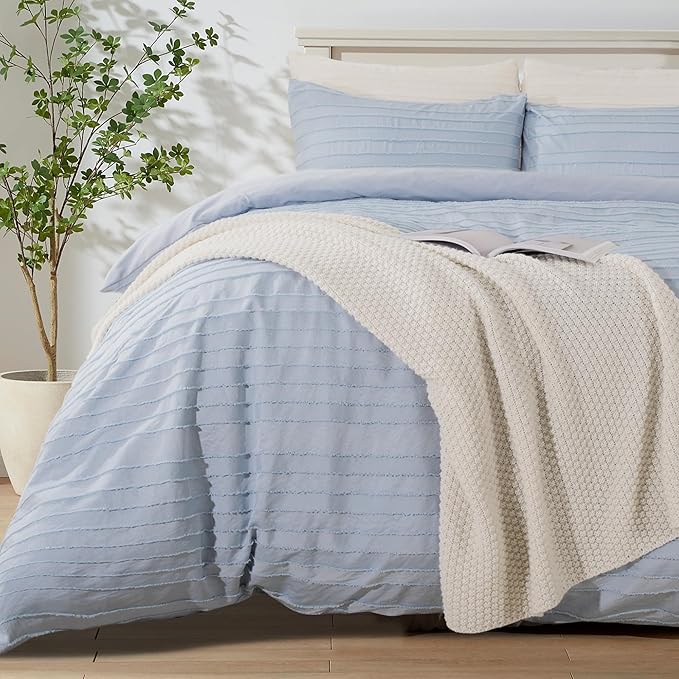NEXHOME PRO Duvet Cover Queen,Blue 3 Pieces Boho Tufted Duvet Cover Set, Soft and Lightweight 100% Washed Microfiber Comforter Cover Set for All Season(Blue Queen, 90 x 90)-No Comforter