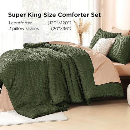 Litanika Super King Comforter Olive Green, 3 Pieces Tufted Boho Farmhouse Bedding Comforter Set, Lightweight Fluffy All Season Comforter Set (120x120In Comforter & 2 Pillowcases)