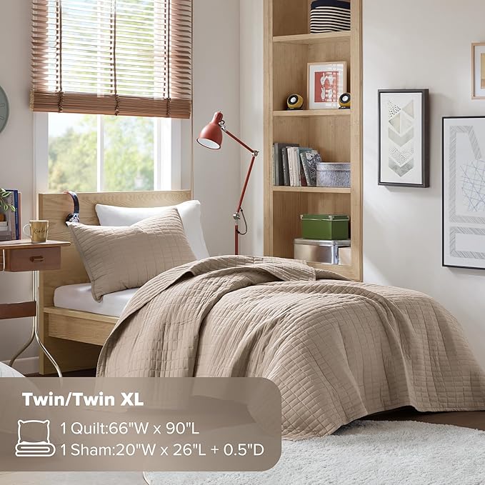 Comfort Spaces Kienna Quilt Set- Double Sided Stitching Design Summer Blanket, Lightweight, Soft, All Season Bedding Layer, Matching Sham, Taupe, Coverlet Twin/Twin XL(66"x90") 2 Piece