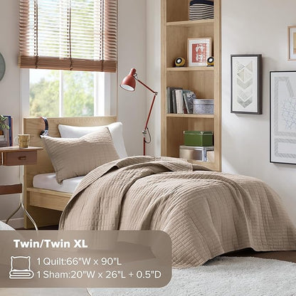 Comfort Spaces Kienna Quilt Set- Double Sided Stitching Design Summer Blanket, Lightweight, Soft, All Season Bedding Layer, Matching Sham, Taupe, Coverlet Twin/Twin XL(66"x90") 2 Piece
