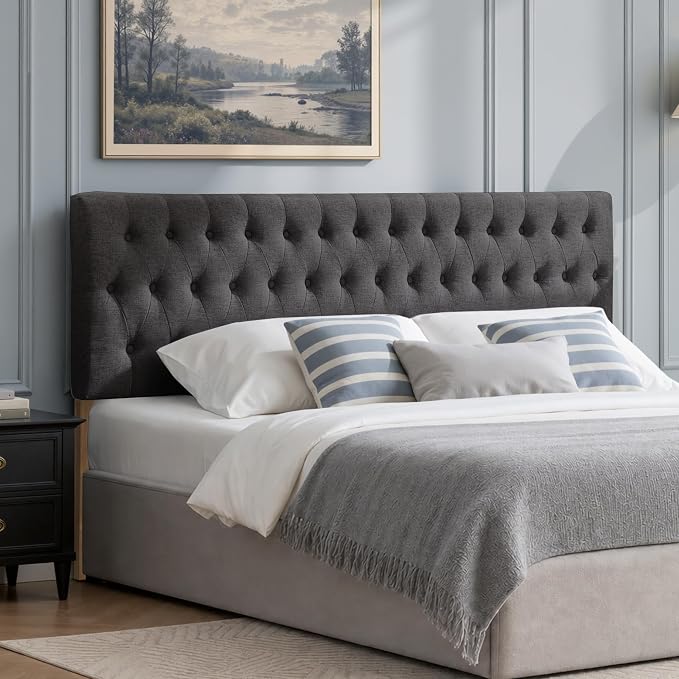 Tufted Upholstered Full Size Bed Headboard in Modern Button Design, Adjustable Solid Wood Head Board, Premium Linen Fabric Padded Headboards in Bedroom (Dark Grey)