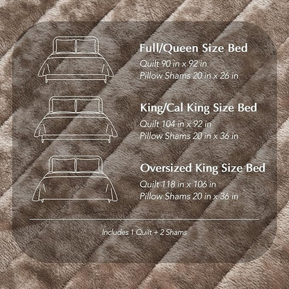 EVERGRACE Velvet Quilt Set Queen Size, Luxurious Soft Striped Channel Bedding Set, Lightweight Velvet Comforter for All Season, Oversized Bedspread Coverlet with 2 Matching Shams, Mocha Brown