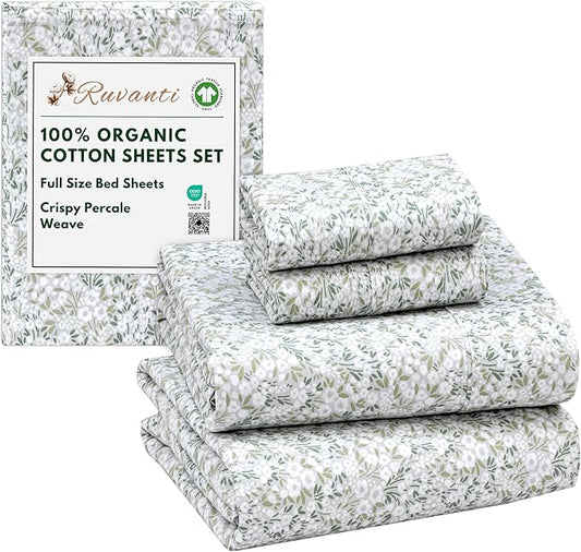 RUVANTI 100% Organic Cotton Sheets Full Size, Percale Weave, GOTS Certified, 4-Piece Set, Deep Pocket 15", Crisp & Breathable, Soft Durable Bedding, Sábanas Algodón Orgánico – Floral Rush