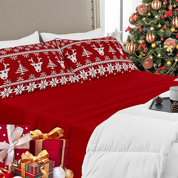 YIYEA Christmas Pillow Cases Queen Size Set of 2, Ultra Soft Double Brushed Microfiber Pillowcases Queen, Christmas Reindeer Bed Pillow Covers, Fade Resistant, Easy Slip-On (20"x30")
