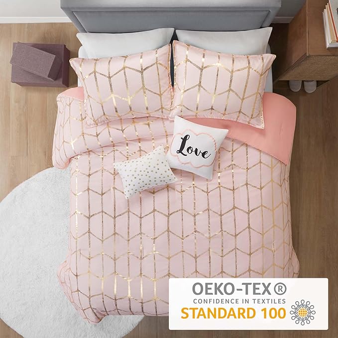 Intelligent Design Raina Twin/ Twin XL Comforter Set, Chic Geometric Metallic Bed Set for girls, 4 Pieces Dorm College Bedding with 1 Shams, 2 Toss Pillows, Blush/Gold