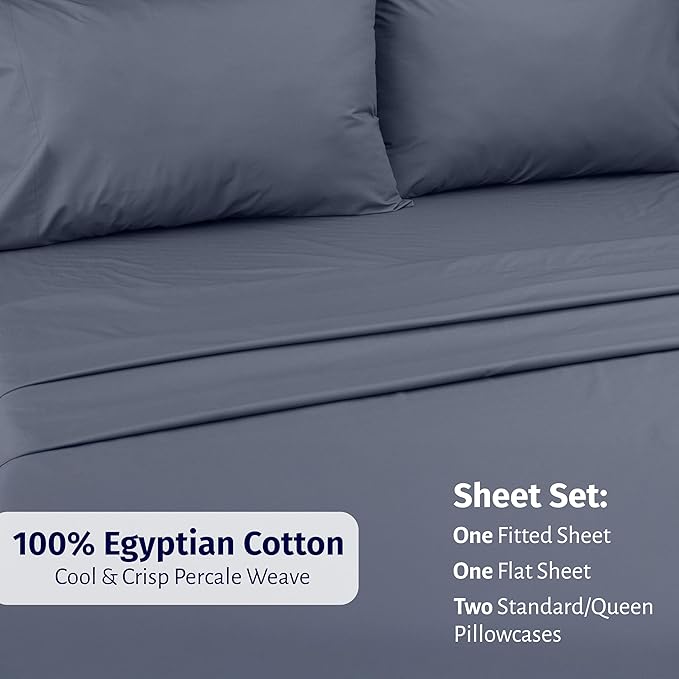 California Design Den Bed Sheets Full Size Set - Certified 100% Egyptian Cotton Percale Sheets Full Size with Deep Pockets, Lightweight, Crisp and Durable Luxury Bedding Set - Mineral Blue (Grey Tone)