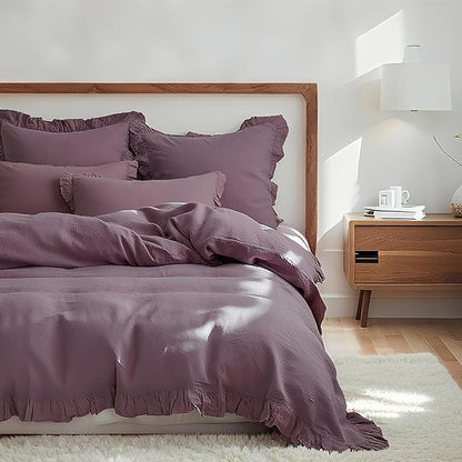 Simple&Opulence 100% Linen Duvet Cover Set, 3 PCS Natural French Flax Purple Ruffle Duvet Cover King Size, Breathable Comfy Linen Bedding Comforter Cover with 2 Pillowcases (Purple, 104" X 92")