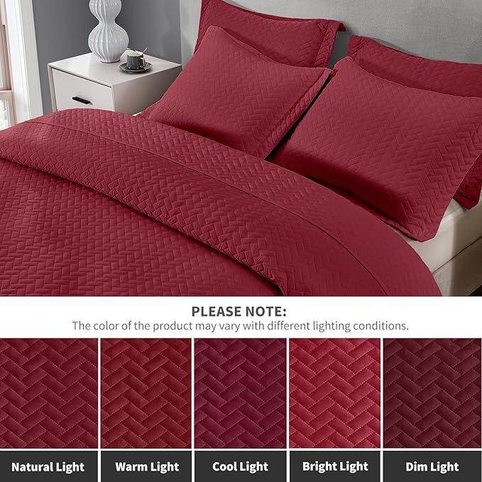 Maple&Stone Quilt Set California King Size, Lightweight Burgundy Bedspread Ultrasonic Chevron Pattern Light Coverlet for All Season Comforter Bedding Decor - 3 Piece Bed Cover Sets