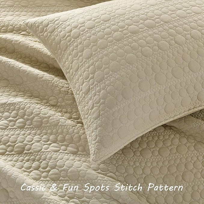 HORIMOTE HOME Quilt Set King Size Brich Beige, Classic Geometric Spots Stitched Pattern, Pre-Washed Microfiber Chic Rustic Look, Ultra Soft Lightweight Quilted Bedspread for All Season, 3 Pieces