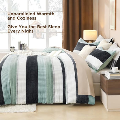 Litanika Fluffy Fleece Queen Comforter Set, Luxury Soft Plush Fuzzy Sage Green Stripe Bedding Comforter Sets, Warm Shaggy Faux Fur Bed Set All Season (1 Comforter, 2 Pillowcases)