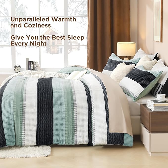 Litanika Fluffy Fleece King Size Comforter Set, Luxury Soft Plush Fuzzy Sage Green Stripe Bedding Comforter Sets, Warm Shaggy Faux Fur Bed Set All Season (1 Comforter, 2 Pillowcases)