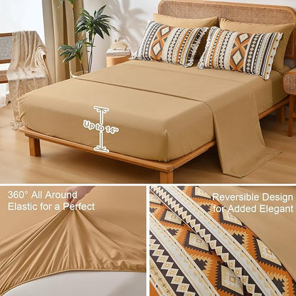 Dinjoy Boho King Size Bed in A Bag 7 Pieces,Yellow Brown Comforter Set Aztec Striped Fall Bedding Set Patchwork Complete Set Geometric Pattern Comforters for Women 90"×104"