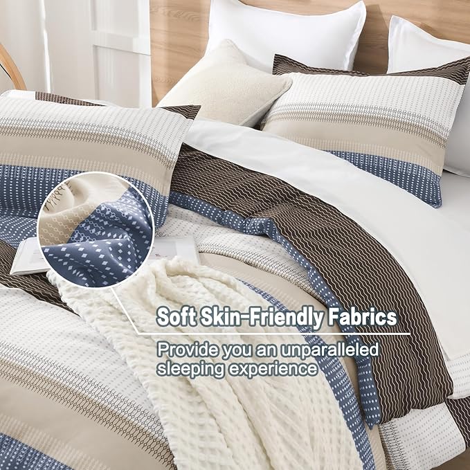 Litanika King Comforter Set Blue Brown - 3 Pieces Lightweight Fluffy Bedding Comforter Sets, All Season Down Alternative Comforter (1 Comforter, 2 Pillowcases)