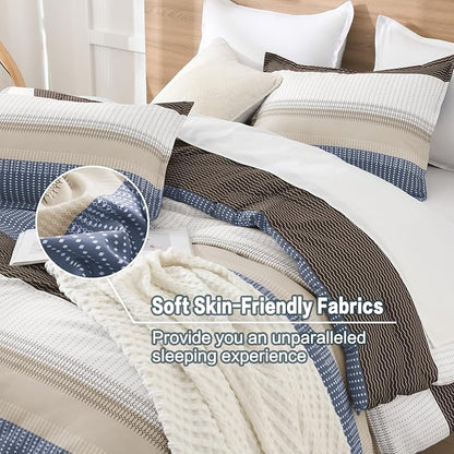 Litanika Full Comforter Set Blue Brown - 3 Pieces Lightweight Fluffy Bedding Comforter Sets, All Season Down Alternative Comforter (1 Comforter, 2 Pillowcases)