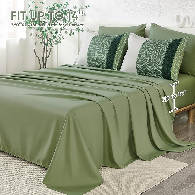 Dinjoy Queen Comforter Set Green, 7 Piece Boho Bed in a Bag Queen Size Striped Fall Bedding Sets Comforters with Plaid Bed Set with Sheets for Women Family