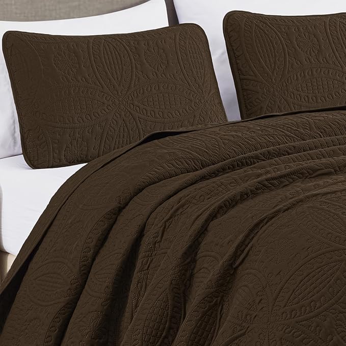 Chezmoi Collection Austin 3-piece Oversized Bedspread Coverlet Set (Queen, Chocolate) | Oversized, Lightweight, Fade Resistant
