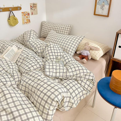 EAVD Vintage Style Plaid Gingham Duvet Cover Twin Soft 100% Washed Cotton Grey&Green Grid Checkered Bedding Set with 2 Pillowcases Farmhouse Geometric Pattern Duvet Cover with Zipper Closure