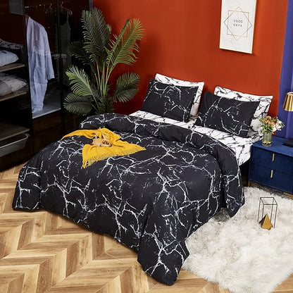 CLOTHKNOW Black White Full Size Comforter Sets Marble Bedding Comforter Sets Soft All Season Black Comforters with 2 x Pillow Cases