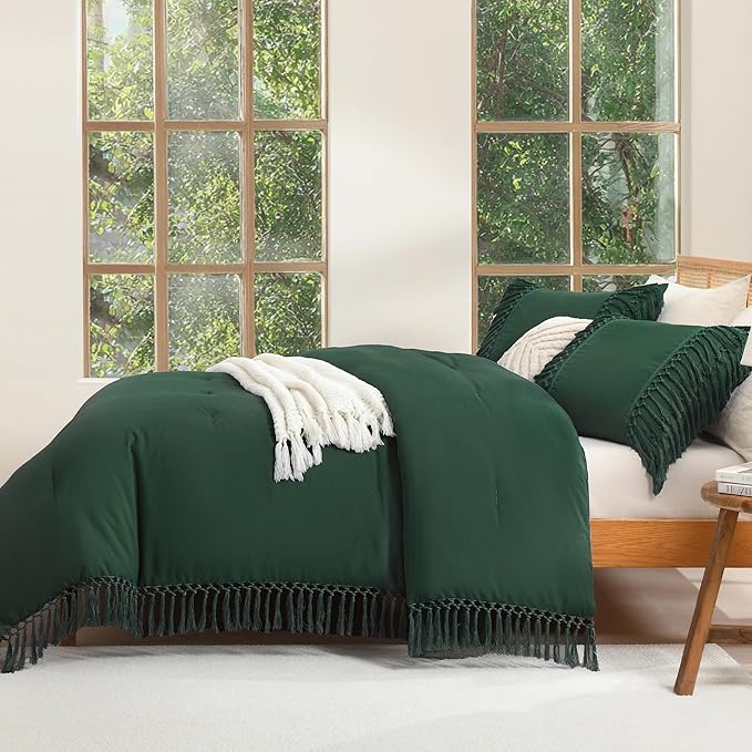 Andency Emerald Comforter Set California King, 3 Pieces Boho Tassel Lightweight Soft Bedding Comforter Sets for King Bed, All Season Fluffy Fringe Bed Set (104x96In Comforter & 2 Pillowcases)