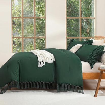 Andency Emerald Comforter Set California King, 3 Pieces Boho Tassel Lightweight Soft Bedding Comforter Sets for King Bed, All Season Fluffy Fringe Bed Set (104x96In Comforter & 2 Pillowcases)