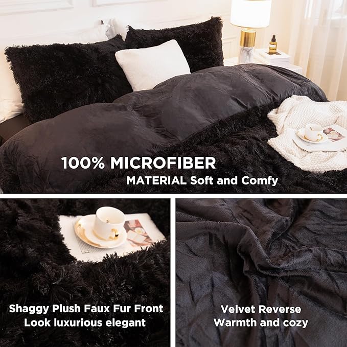 Andency King Size Comforter Set Black, Fluffy Winter Faux Fur Warm Soft Plush Bedding Comforter Set (1 Velvet Comforter & 2 Pillowcases), Fuzzy Thick Heavy Puffy Comforters Bed Set