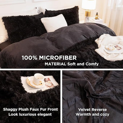 Andency King Size Comforter Set Black, Fluffy Winter Faux Fur Warm Soft Plush Bedding Comforter Set (1 Velvet Comforter & 2 Pillowcases), Fuzzy Thick Heavy Puffy Comforters Bed Set