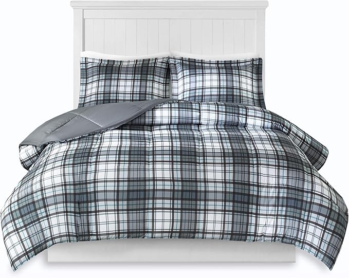 Madison Park Essentials Parkston Plaid Comforter, Matching Sham, 3M Scotchguard Stain Release Cover, Hypoallergenic All Season Bedding-Set, Full/Queen, Grey, 3 Piece