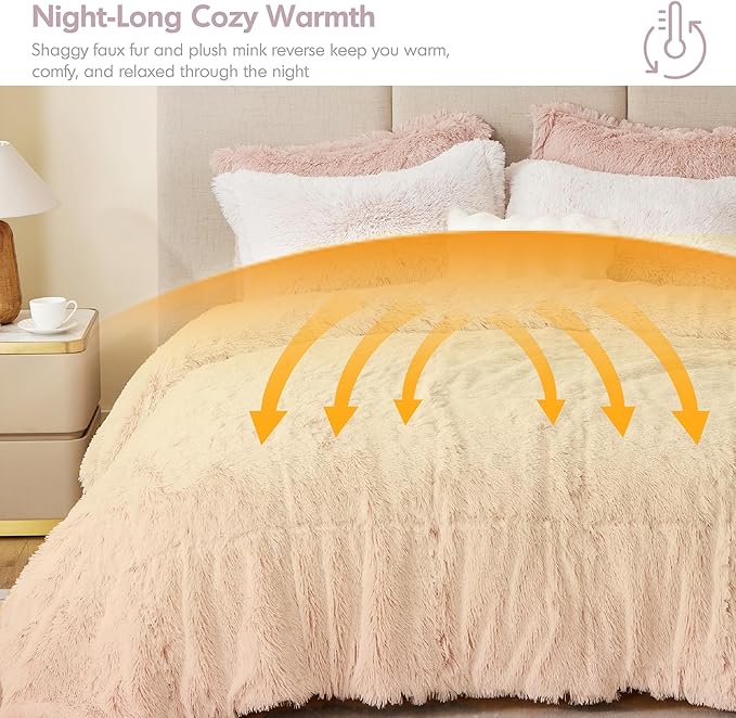 Intelligent Design Twin Comforter Set Fur-Like Shaggy Comforters for Twin Size Bed Warm, Fuzzy Bedding, All Season Luxurious Comforters Twin Size Bed Set, Malea, Twin/Twin XL, Pink/White 2 Piece