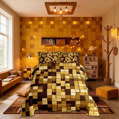 Pixelated Miners Game Kids Comforter Set Full Size,Geometric Check Video Games Bedding Set,Boys Room Decor,Gamepad Grid Modern Quilt Comforter,Dark Yellow Duvet Set Bedroom Quilt Set,2 Pillowcases