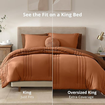 Monbix Oversized King Size Comforter Set - 7 Pieces Burnt Orange Bed in a Bag Oversized King Bedding Sets with Comforters, All Seasons Comforter Bed Set with Sheets, Pillowcases & Shams