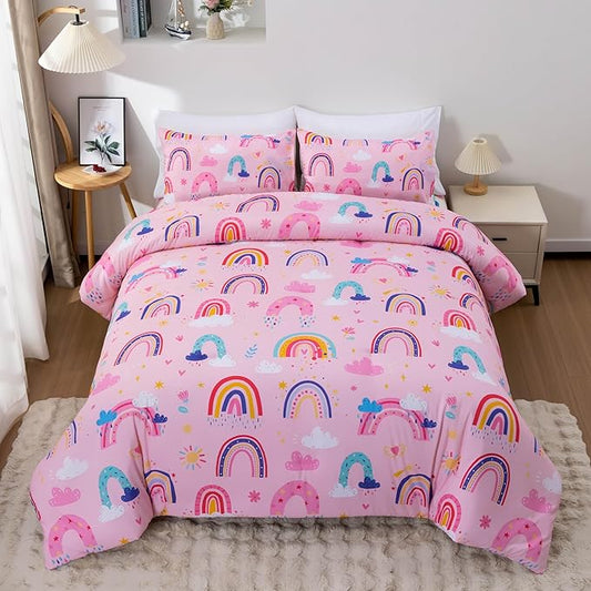 Btargot Lightweight Soft 3 Piece Rainbow Comforter Set with 2 Pillow Covers, Cartoon Love Hearts Suns and Stars Bedding Set for Girls Boys Kids, Queen Light Pink