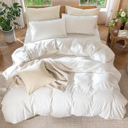 MooMee Bedding Duvet Cover Set 100% Washed Cotton Linen Like Textured Breathable Durable Soft Comfy (Solid Off White, Super Queen 90"x98")